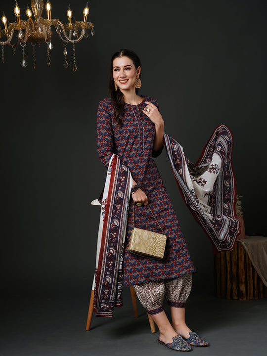 Indo Era Blue Printed Straight Kurta Salwar With Dupatta Set