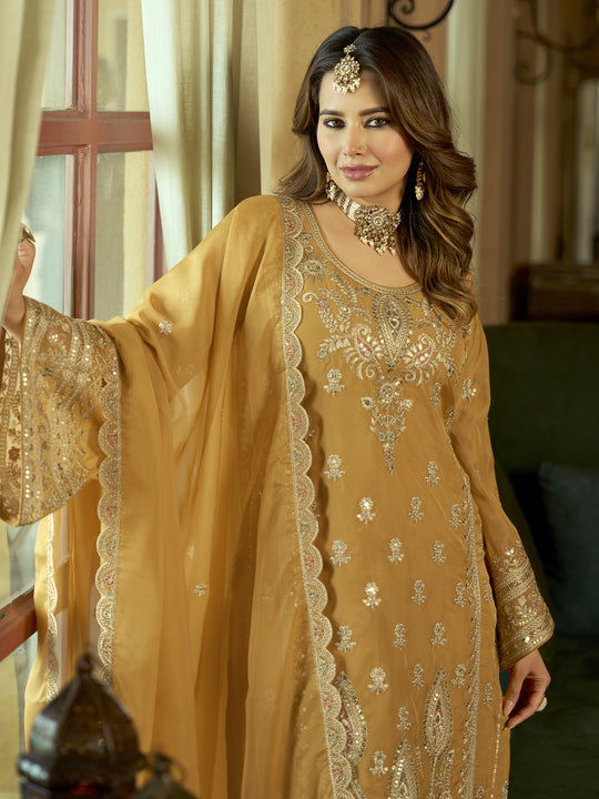 Indo Era Mustard Embroidered Straight Kurta Trousers With Dupatta Set