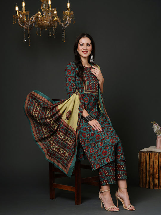 Indo Era Teal Printed Straight Kurta Trousers With Dupatta Set
