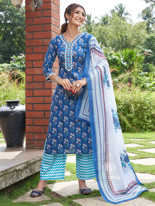 Indo Era Blue Printed Straight Kurta Palazzos With Dupatta Set