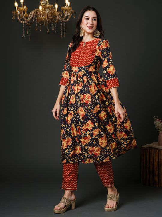 Indo Era Blue Floral Printed Gotta Patti Pure Cotton Kurta with Trousers & With Dupatta