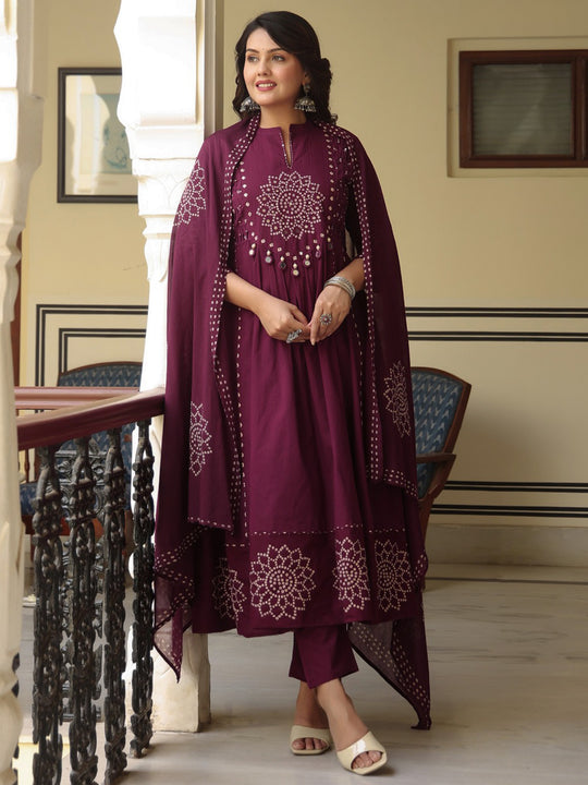 Indo Era Burgundy Printed Anarkali Kurta Trousers With Dupatta Set