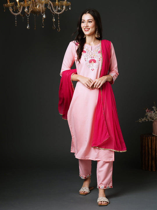 Indo Era Pink Embroidered Straight Kurta Trousers With Dupatta Set