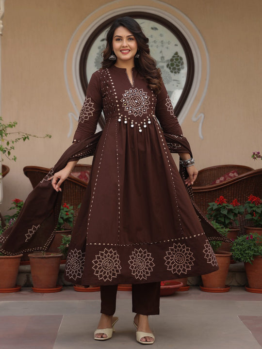 Indo Era Brown Printed Anarkali Kurta Trousers With Dupatta Set