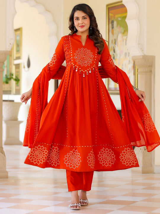 Indo Era Rust Printed Anarkali Kurta Trousers With Dupatta Set