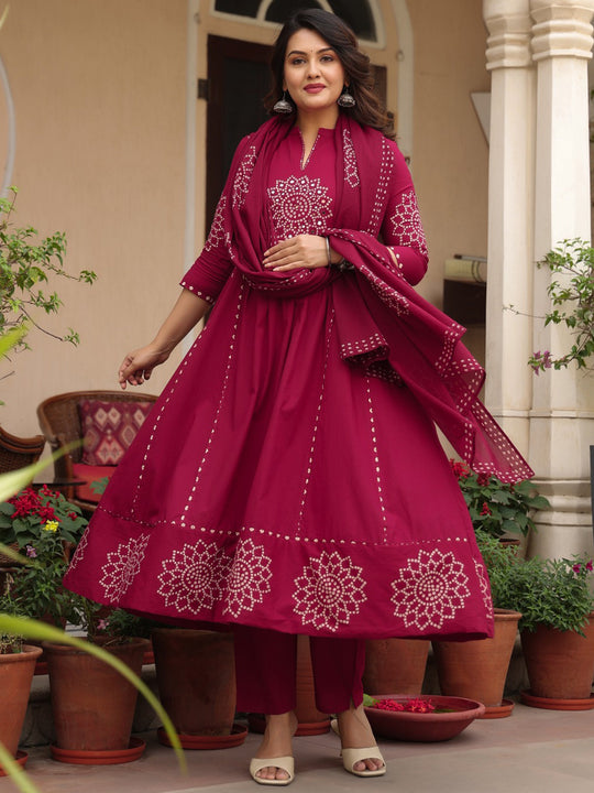 Indo Era Maroon Printed Anarkali Kurta Trousers With Dupatta Set