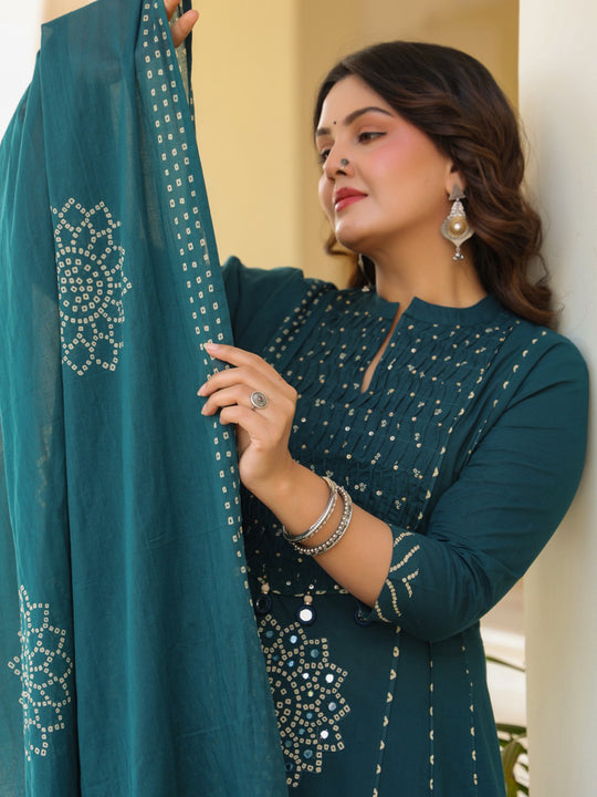 Indo Era Teal Printed Anarkali Kurta Trousers With Dupatta Set
