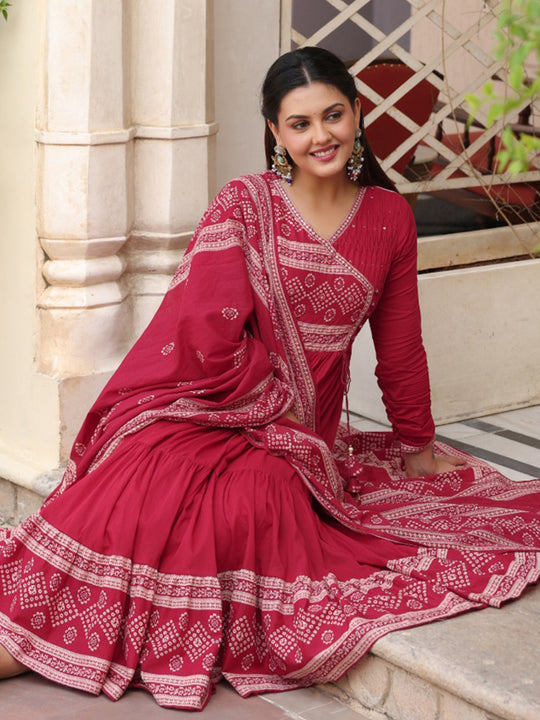 Indo Era Red Printed Anarkali Kurta Trousers With Dupatta Set