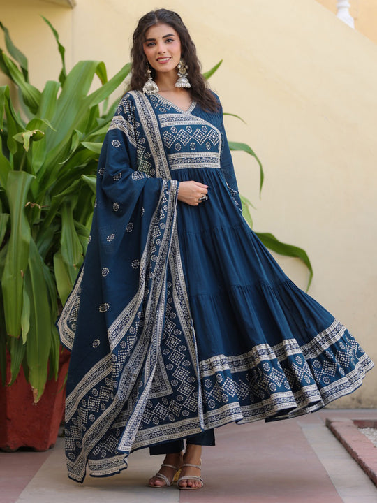 Indo Era Teal Printed Anarkali Kurta Trousers With Dupatta Set