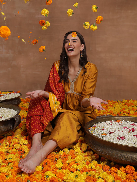 Indo Era Mustard Solid A-Line Kurta Sharara With Dupatta Set