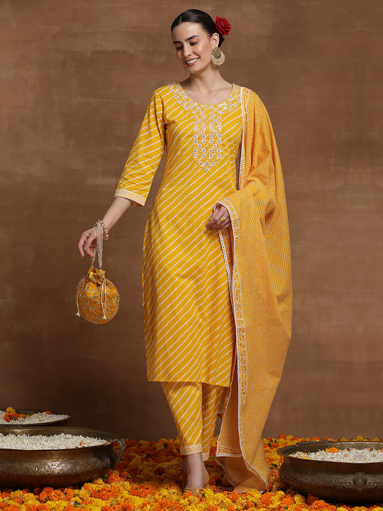 Indo Era Yellow Printed Straight Kurta Trousers With Dupatta Set