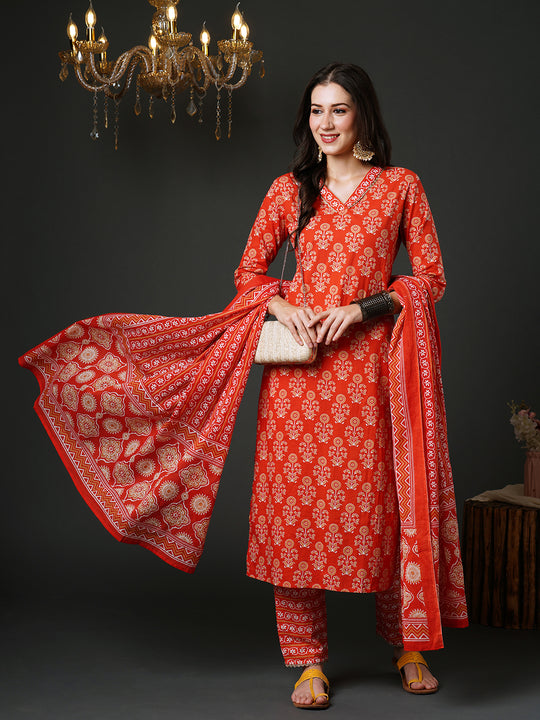 Indo Era Red Printed Straight Kurta Trousers With Dupatta Set