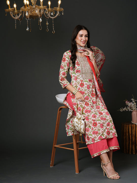Indo Era Off White Embroidered Straight Kurta Palazzos With Dupatta Set