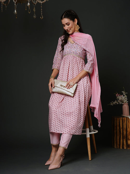 Indo Era Pink Printed A-Line Kurta Trousers With Dupatta Set