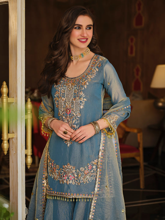Indo Era Blue Embroidered Straight Kurta Palazzos With Dupatta Set