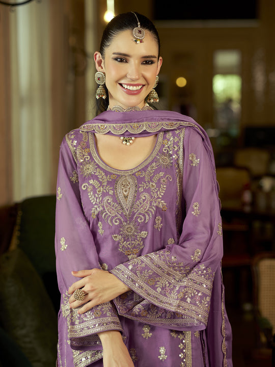 Indo Era Lavender Embroidered Straight Kurta Trousers With Dupatta Set