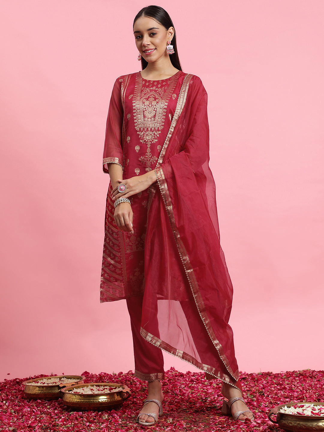 Indo Era Pink Printed Anarkali Kurta Trousers With Dupatta Set