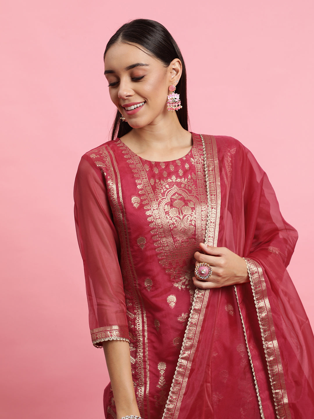 Women’s Pink & Blue Ethnic Embroidered Kurta Set with Trousers & Dupatta - Indiaista