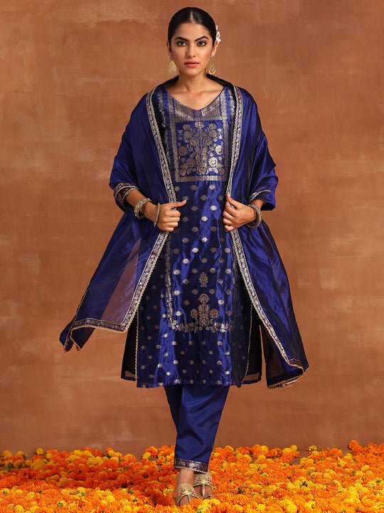 Indo Era Blue Woven Design Straight Kurta Trousers With Dupatta Set