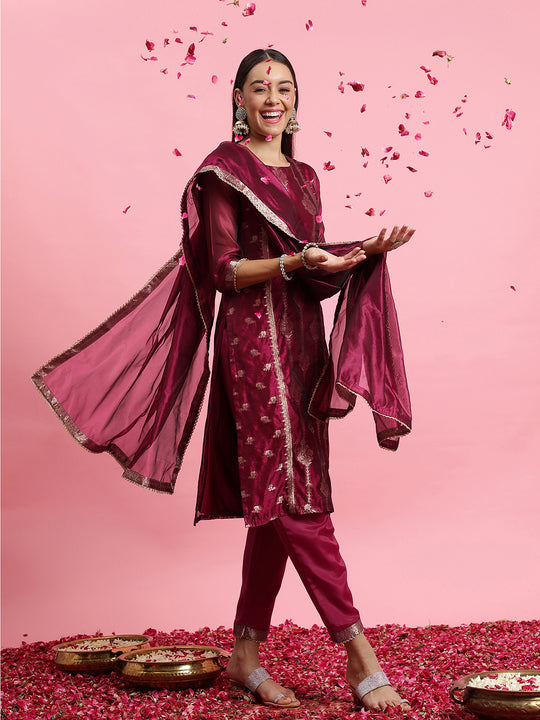 Indo Era Wine Woven Design Straight Kurta Trousers With Dupatta Set