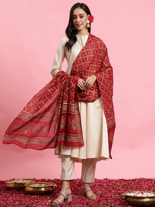 Indo Era Off White Solid A-Line Kurta Trousers With Dupatta Set