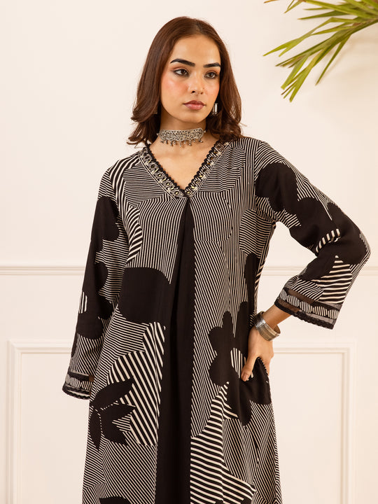 Indo Era Black Printed A-Line Kurta Palazzos Set