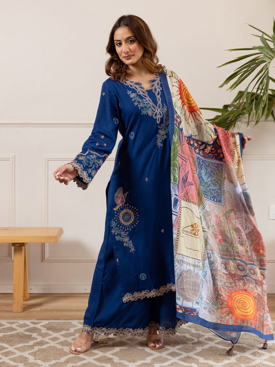 Indo Era Blue Embroidered Straight Kurta Palazzos With Dupatta Set
