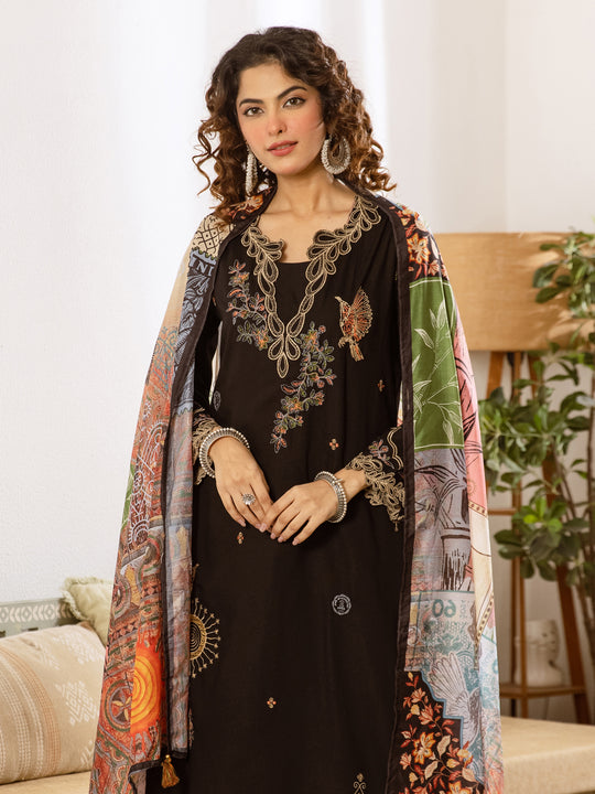 Indo Era Black Embroidered Straight Kurta Palazzos With Dupatta Set