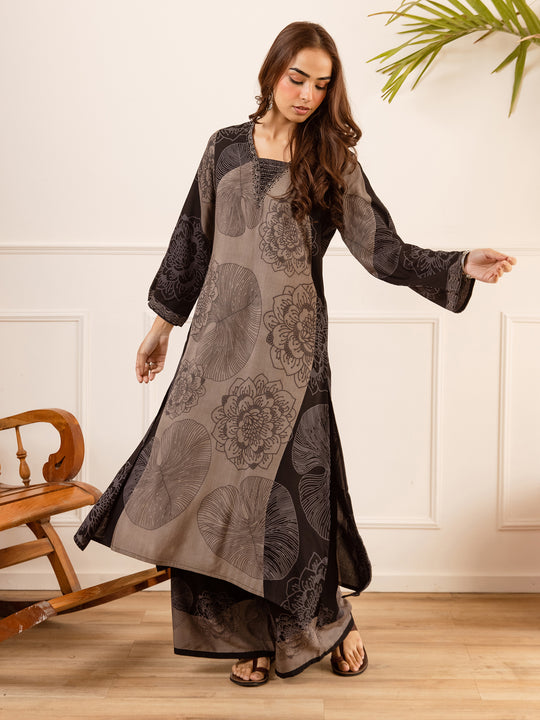 Indo Era Black Printed A-Line Kurta Palazzos Set