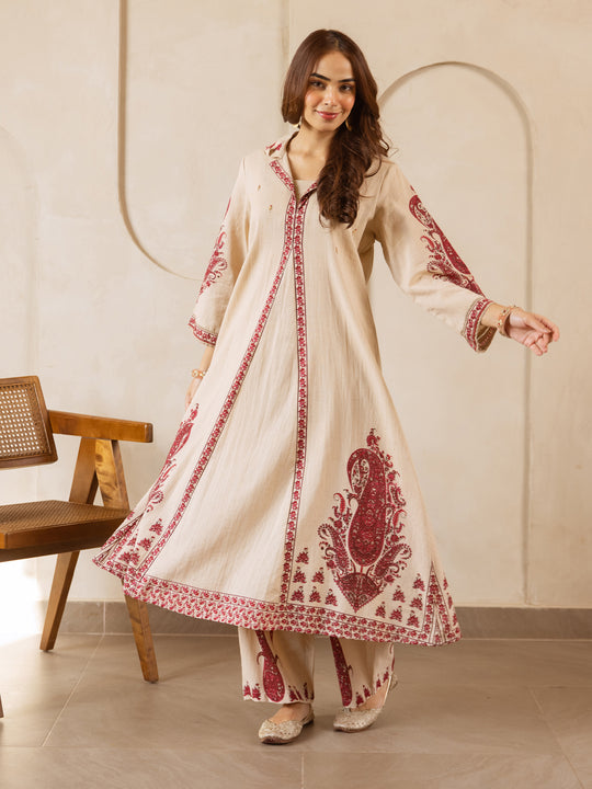 Indo Era Beige Printed A-Line Kurta Palazzos Set