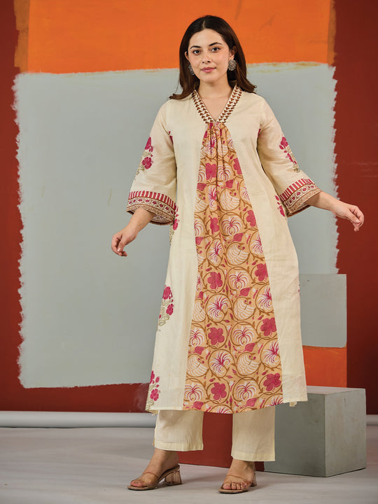 Indo Era Off White Printed A-Line Kurta Trousers Set
