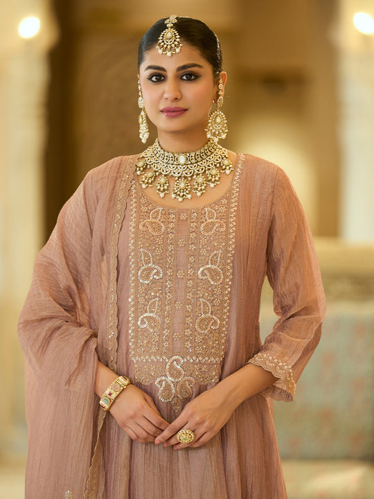 Indo Era Mauve Embroidered Anarkali Crush Tissue Kurta Palazzos With Dupatta Set