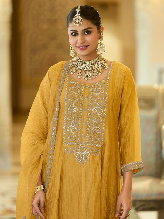 Indo Era Yellow Embroidered Anarkali Crush Tissue Kurta Palazzos With Dupatta Set