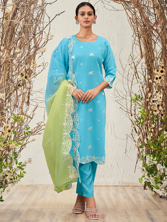 Indo Era Blue Straight Embroidered Kurta Trousers With Dupatta Set