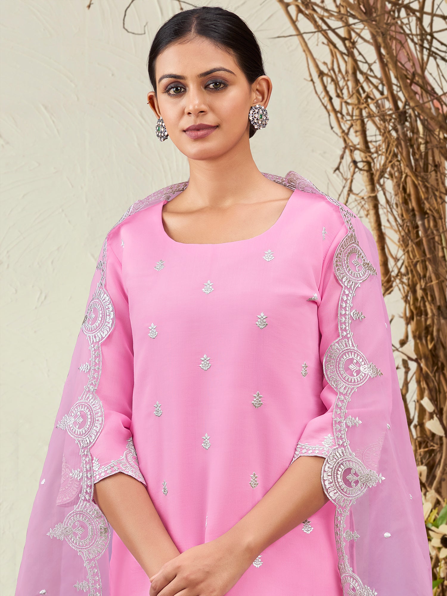 Indo Era Pink Straight Embroidered Kurta Trousers With Dupatta Set