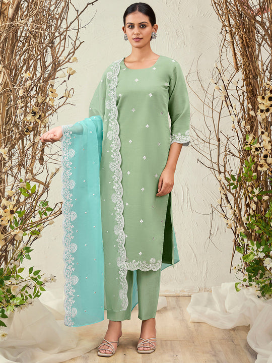 Indo Era Sea Green Straight Embroidered Kurta Trousers With Dupatta Set