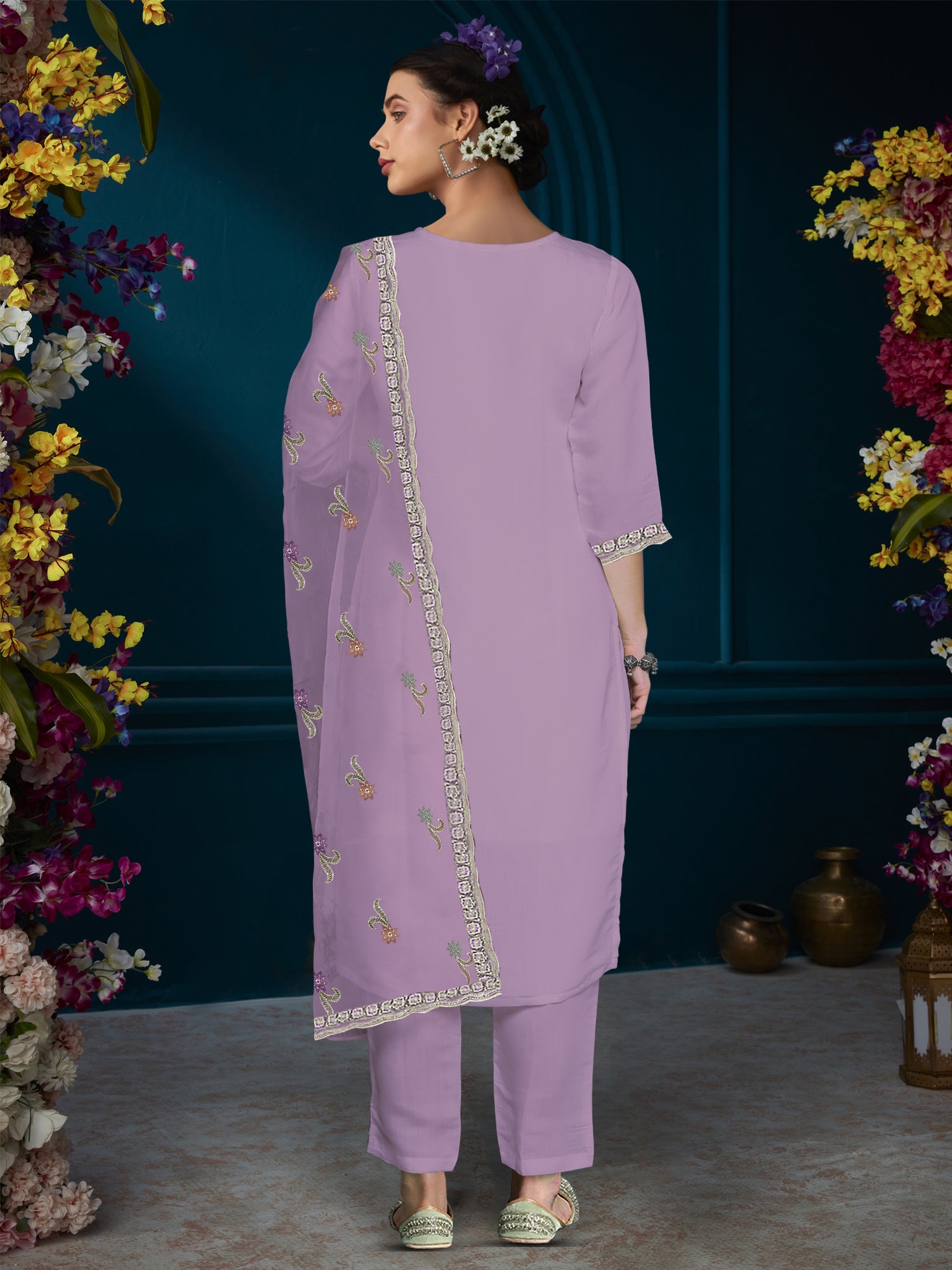 Indo Era Lavender Straight Embroidered Kurta Trousers With Dupatta Set