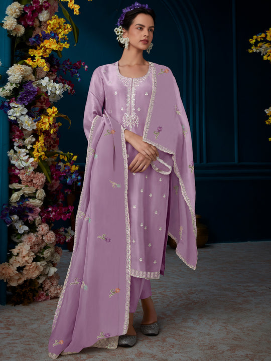 Indo Era Lavender Straight Embroidered Kurta Trousers With Dupatta Set