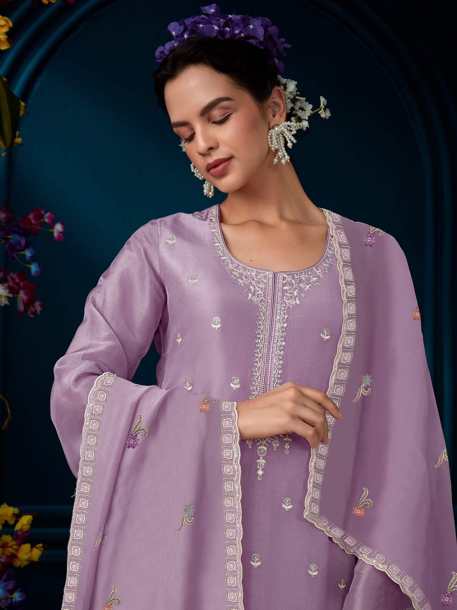 Indo Era Lavender Straight Embroidered Kurta Trousers With Dupatta Set