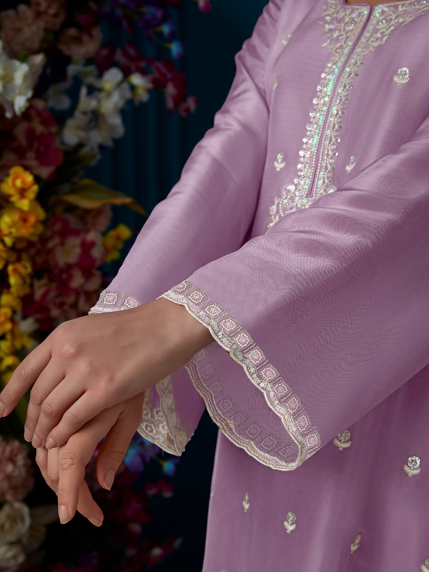 Indo Era Lavender Straight Embroidered Kurta Trousers With Dupatta Set