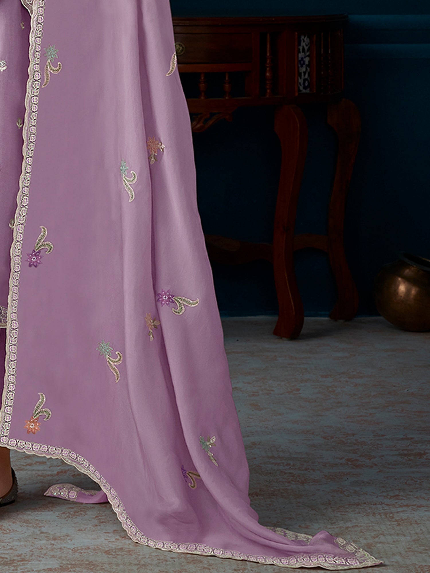 Indo Era Lavender Straight Embroidered Kurta Trousers With Dupatta Set