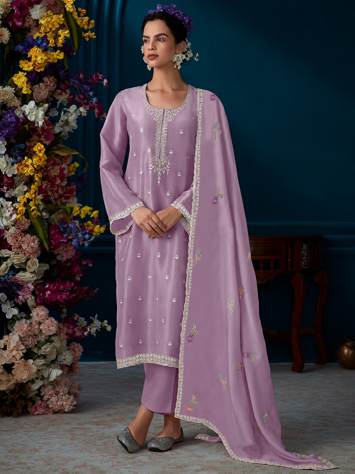 Indo Era Lavender Straight Embroidered Kurta Trousers With Dupatta Set