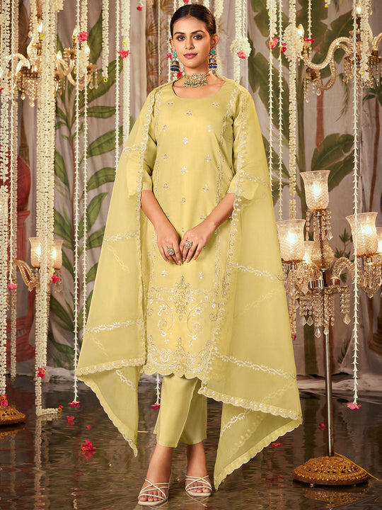 Indo Era Yellow Straight Embroidered Kurta Trousers With Dupatta Set