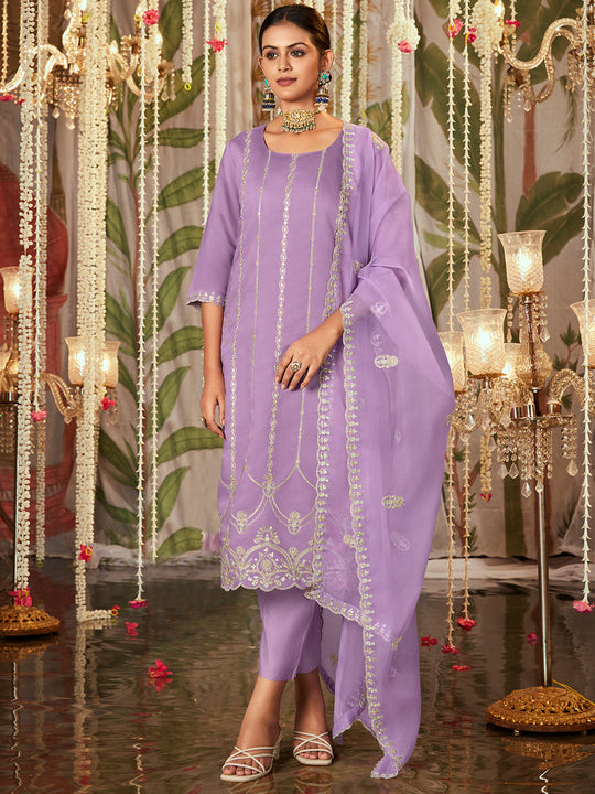 Indo Era Lavender Straight Embroidered Kurta Trousers With Dupatta Set