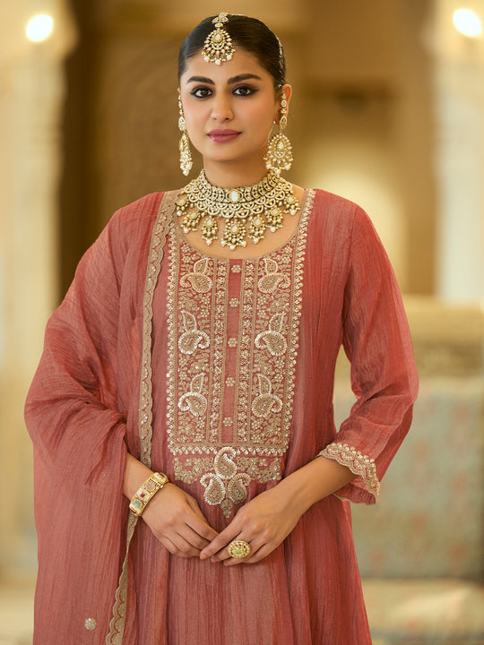 Indo Era Orange Embroidered Anarkali Crush Tissue Kurta Palazzos With Dupatta Set