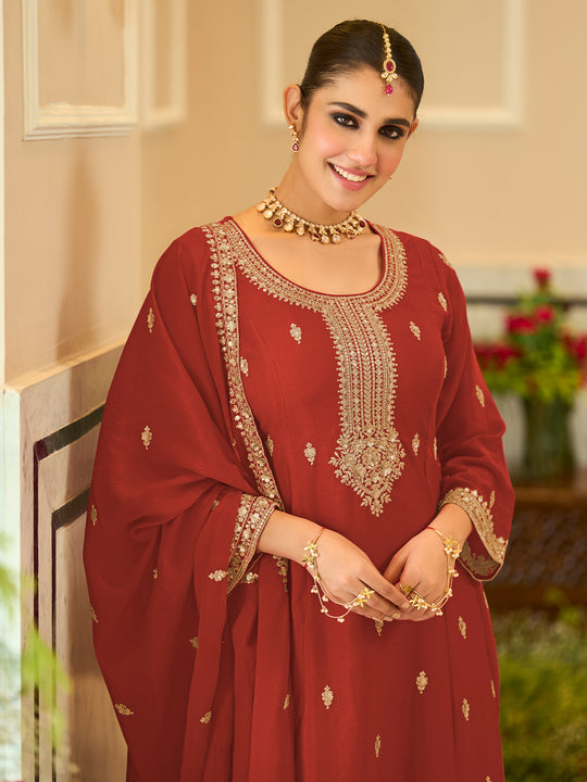 Indo Era Rust Embroidered Anarkali Kurta Trousers With Dupatta Set