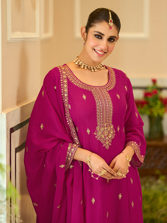 Indo Era Pink Embroidered Anarkali Kurta Trousers With Dupatta Set