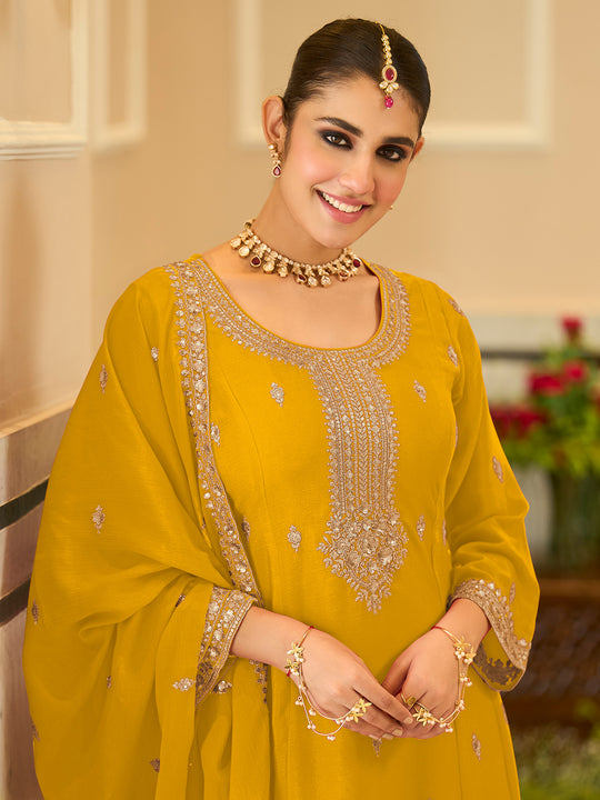 Indo Era Yellow Embroidered Anarkali Kurta Trousers With Dupatta Set