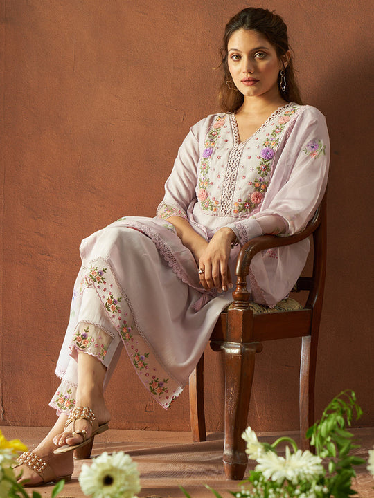 Indo Era Lavender Embroidered Straight Kurta Trousers With Dupatta set