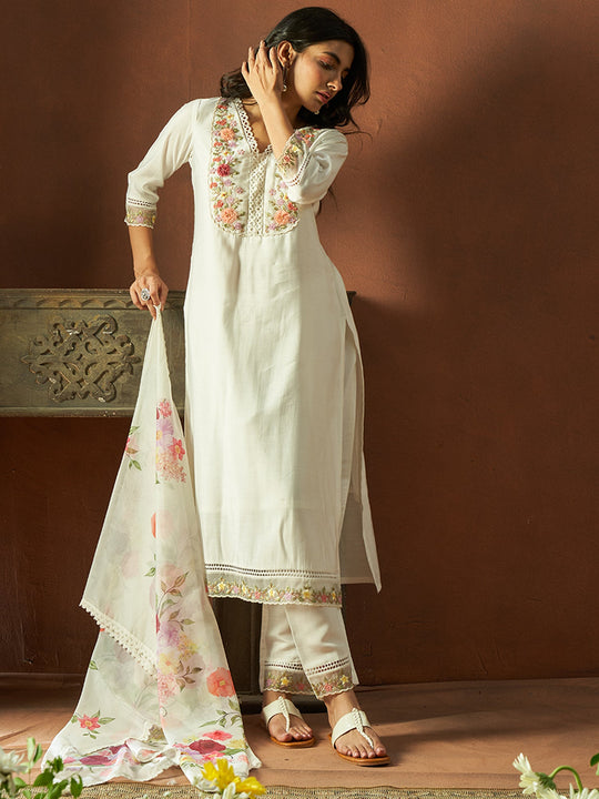 White Embroidered Straight Kurta Trousers With Dupatta
